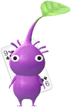 A Purple Special Decor Pikmin with Playing Card decor from Pikmin Bloom.