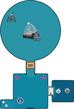 Labeled map of sublevel 5 of the Engulfed Castle. Numbers next to treasures indicate weight/Sparklium.