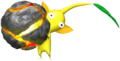 A Yellow Pikmin with a bomb rock.