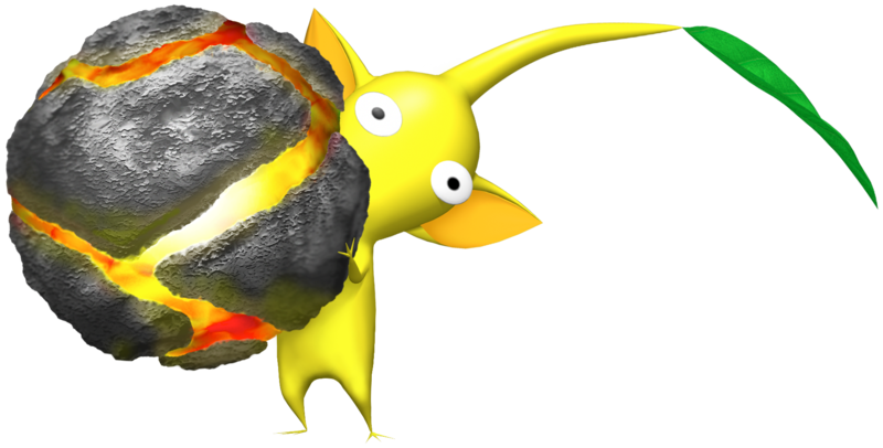 File:Yellow Pikmin holds bomb rock P1 art.png