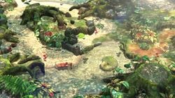 A screenshot from a promotional video on Pikmin 3 Deluxe, showing an aerial view of the Tropical Wilds. From https://youtu.be/WNuVrbUCeqM?t=3