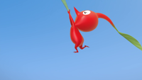 An early scene from Treasure in a Bottle, when the Red Pikmin is hanging off a blade of grass.