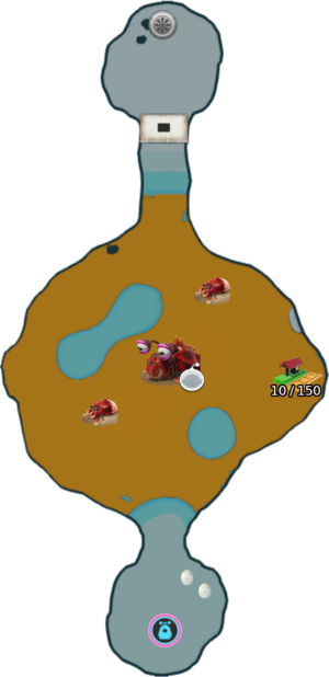 Labeled map of sublevel 3 of the The Mud Pit. Numbers next to treasures indicate weight/Sparklium.