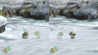 Ghost leaders in 2-player gameplay in Pikmin 3 Deluxe. The other player's leader appears as a ghost because a second leader has not yet been unlocked. Despite this, the leaders look at each other as if they both exist.