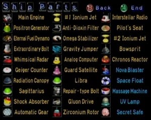 A screenshot from the final results menu of Pikmin showing all 30 ship parts.