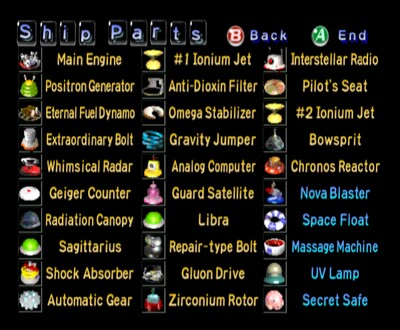 A screenshot from the final results menu of Pikmin showing all 30 ship parts.