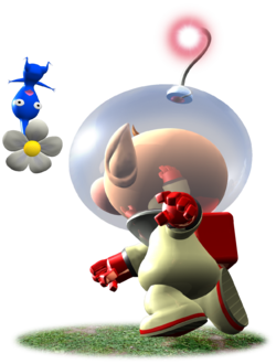 Captain Olimar throws a Blue Pikmin.