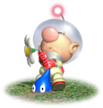 Artwork of a Blue Pikmin being plucked by Captain Olimar.