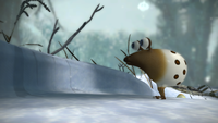 A screenshot of the Whiptongue Bulborb standing sideways in the Distant Tundra after eating a Rock Pikmin, staring off into the distance.