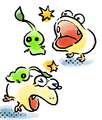 Two Glow Pikmin battling Albino Dwarf Bulborbs as seen in the "Once Upon a Creature" comic.