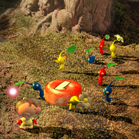Some Pikmin follow Captain Olimar (two of which are holding a red Pellet). 