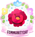 Community day badge, featuring artwork of a peony.