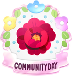 Community day badge, featuring artwork of a peony.