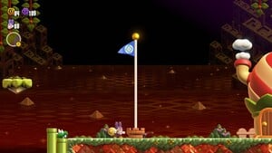 Purple Pikmin as seen in Super Mario Bros. Wonder – Nintendo Switch 2 Edition + Meetup in Bellabel Park, attempting to lift up the course's Goal Pole in The Midway Trial: Hop to It