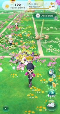 Flower planting with multiple people.