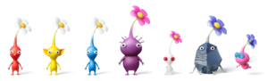Every type of Pikmin from Pikmin 3 in their flower stage.