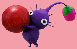Clay art of a Purple Pikmin holding an ultra-spicy berry.