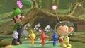 Captain Olimar, three Pikmin, and Luigi in the Distant Planet stage. 3D animated Cloaking Burrow-nits appear in the background.