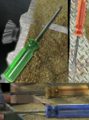 A montage showing the different screwdrivers found in Pikmin 3. The green and red screwdrivers can be found in Clockwork Chasm, while the blue and yellow screwdrivers can be found in the Corroded Maze.