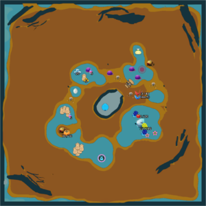 Labeled map of sublevel 2 of the The Mud Pit. Numbers next to treasures indicate weight/Sparklium.